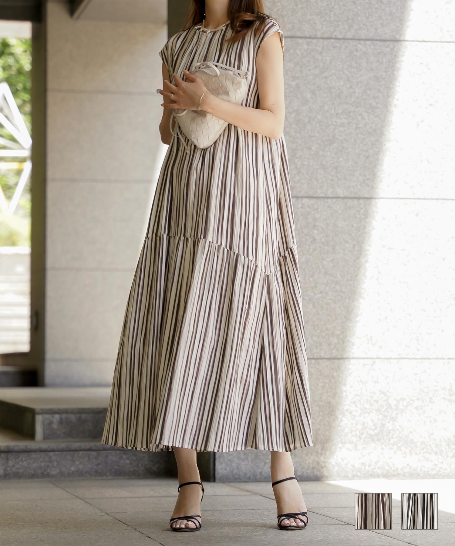 セレクト ラメストライプ フレンチスリーブ ワンピース HUIT ブラウン/ブラック