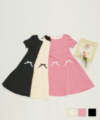 ワンピースバイカラー半袖春夏秋大人かわいいきれいめオフィスエレガントリボン黒ジョイントスペース