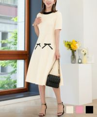 ワンピースバイカラー半袖春夏秋大人かわいいきれいめオフィスエレガントリボン黒ジョイントスペース