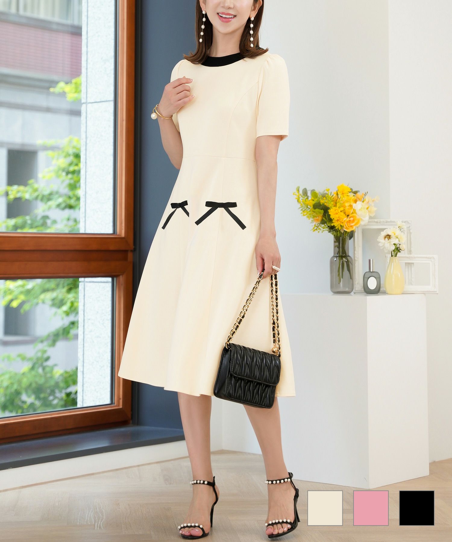 ワンピースバイカラー半袖春夏秋大人かわいいきれいめオフィスエレガントリボン黒ジョイントスペース