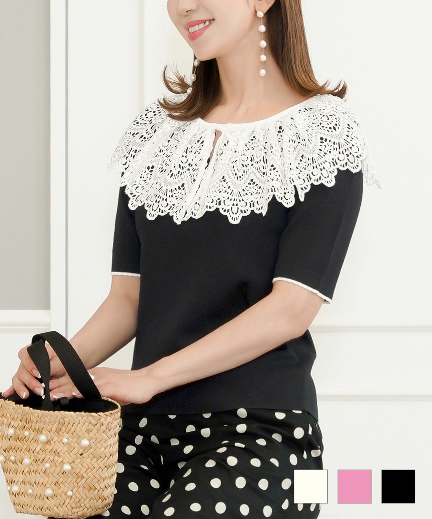 レースネック配色サマーニット半袖PrimaScherrer全3色｜psc421-0846【1】