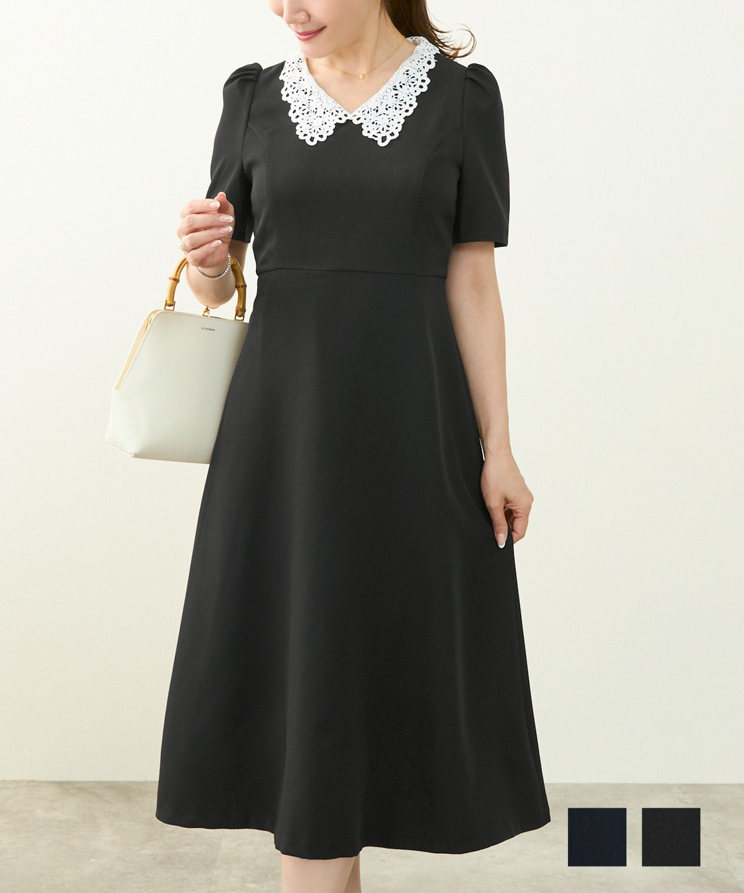 GWitem-SALE ワンピース レース襟 フィット&フレア 半袖 Liala×PG 全2  