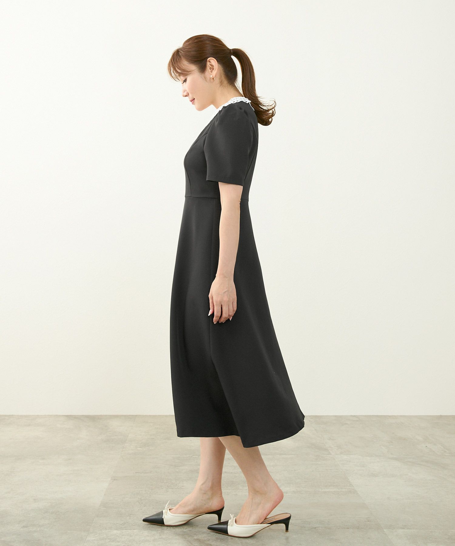 ワンピース襟付きレトロ春夏秋黒半袖レース襟フォーマル普段着大人かわいいお呼ばれジョイントスペース