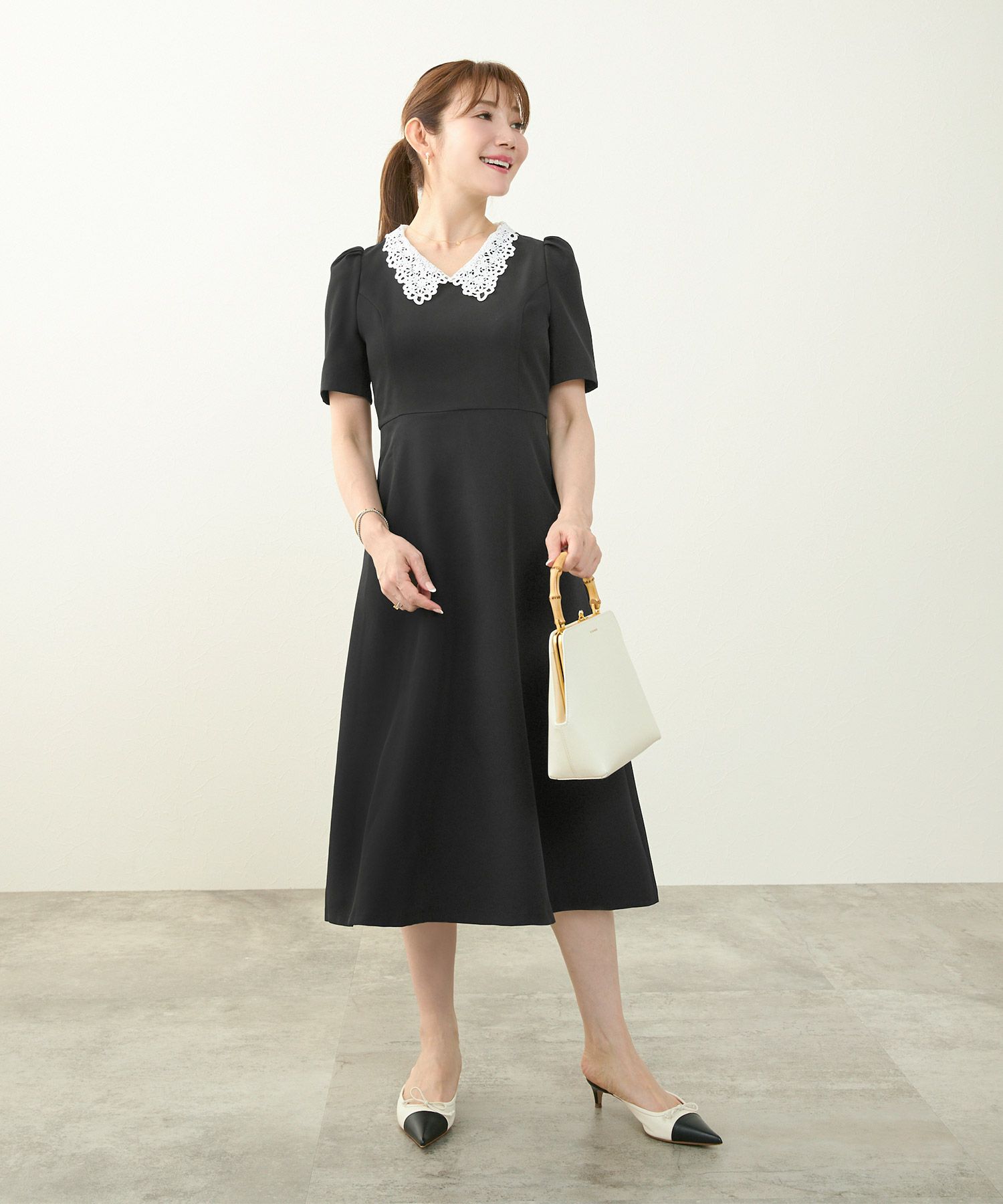ワンピース襟付きレトロ春夏秋黒半袖レース襟フォーマル普段着大人かわいいお呼ばれジョイントスペース
