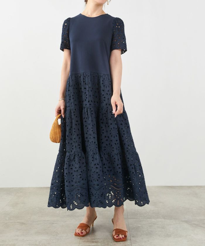 TOMASO レースモチーフ半袖ワンピース（美品） カットソー & レース ドッキング ワンピース 半袖 Liala×PG 全3