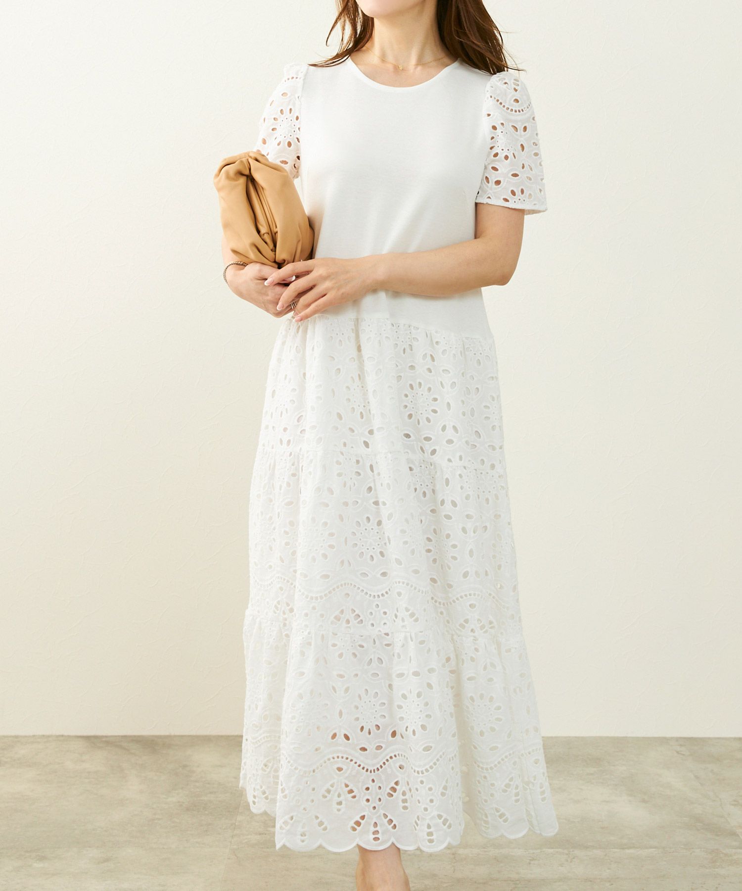 新色追加手洗い可コットンレースカットソーフレアロング大人かわいいきれいめ白黒春夏秋ドッキング綿ジョイントスペース