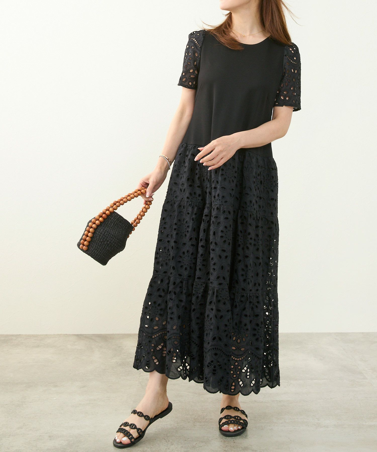 新色追加手洗い可コットンレースカットソーフレアロング大人かわいいきれいめ白黒春夏秋ドッキング綿ジョイントスペース