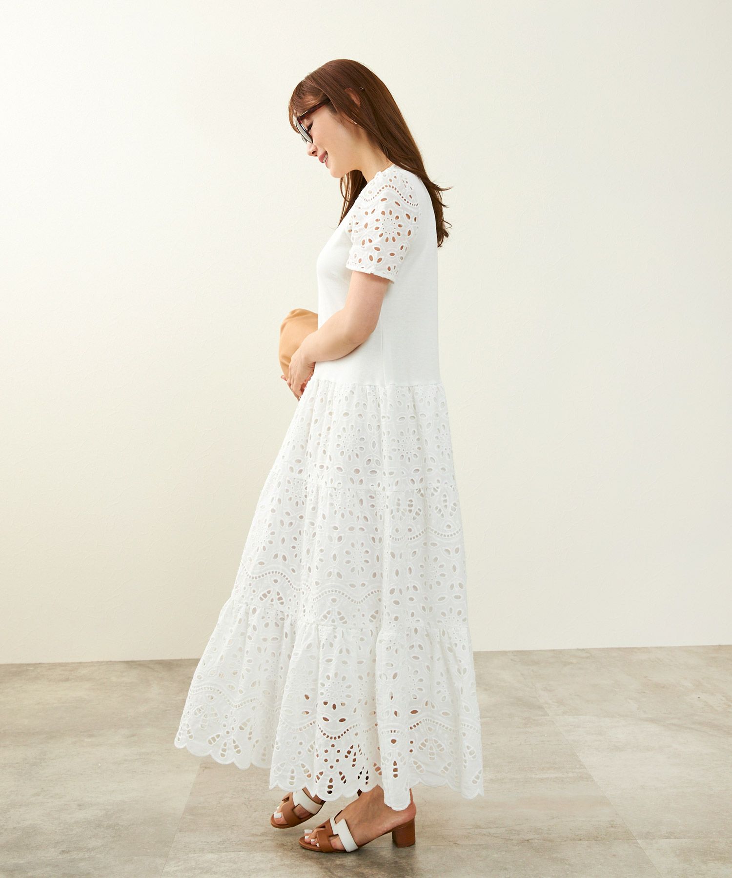 新色追加手洗い可コットンレースカットソーフレアロング大人かわいいきれいめ白黒春夏秋ドッキング綿ジョイントスペース