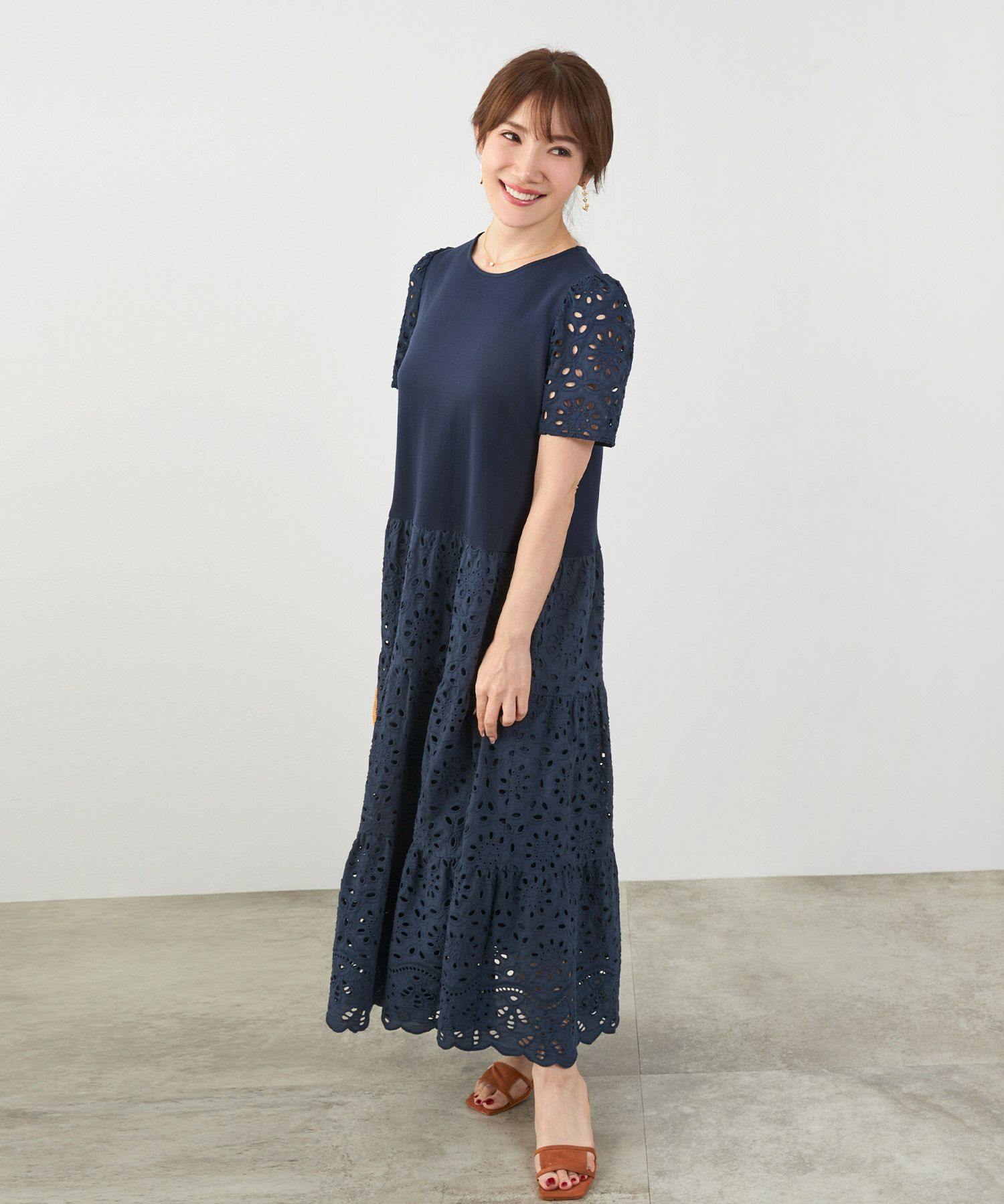 手洗い可ワンピースレースカットソーフレアロング大人かわいいきれいめ白黒春夏秋ドッキング綿100ジョイントスペース