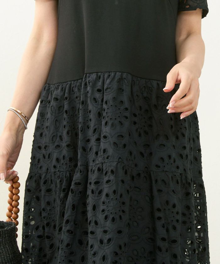 【romy】サークル刺繍　半袖ドッキングワンピース　Lサイズ　黒 楽天市場】大きいサイズ レディース ワンピース 異素材
