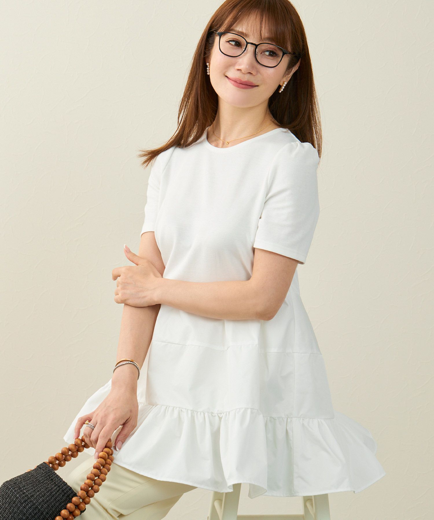 手洗い可カットソーブラウス半袖ティアード無地春夏秋チュニック丈長い大人きれいめジョイントスペース