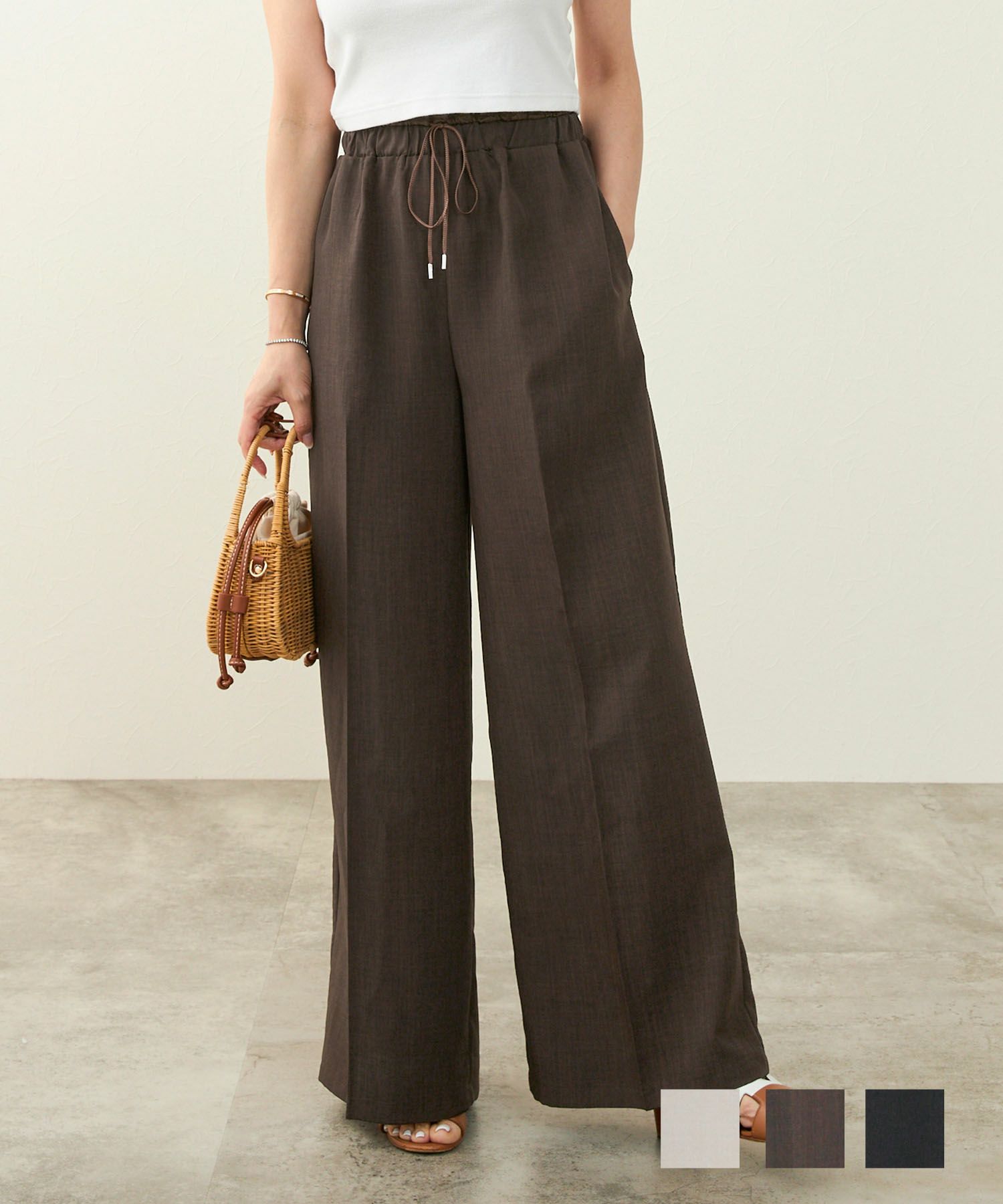 サテン切り替え ウエストゴム&ドロスト ワイド パンツ Liala×PG