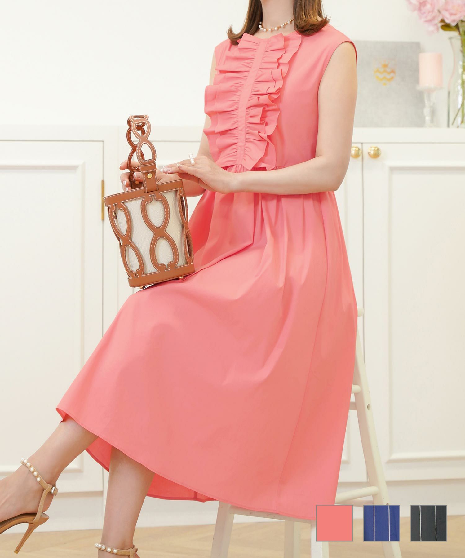 フロントフリルリラックスノースリーブワンピースPrimaScherrer全3色｜psc331-0854【1】