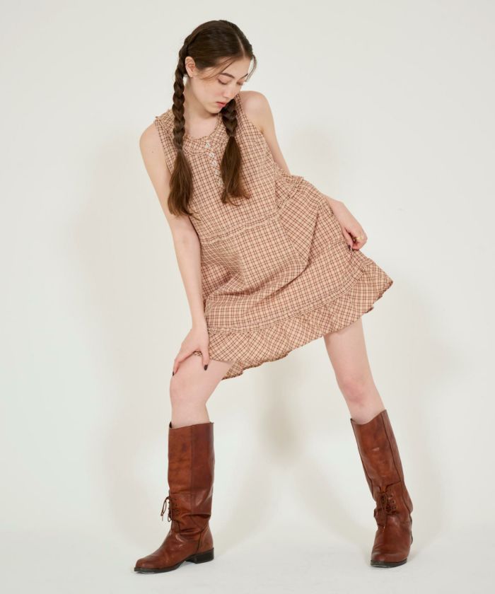 裾フリル ノースリーブチェックワンピース TINA：JOJUN 全2色
