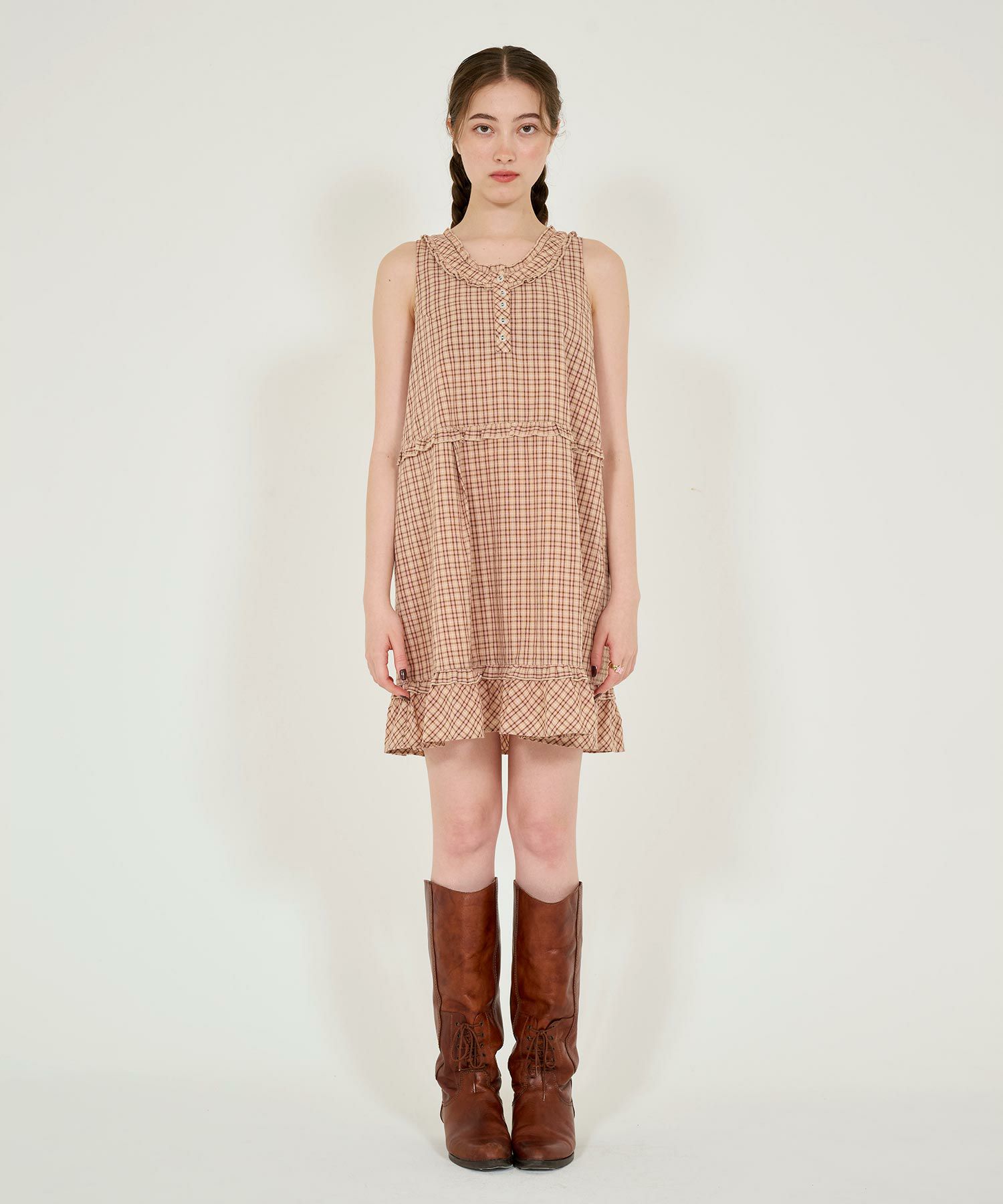 裾フリル ノースリーブチェックワンピース TINA：JOJUN 全2色｜tnj331 