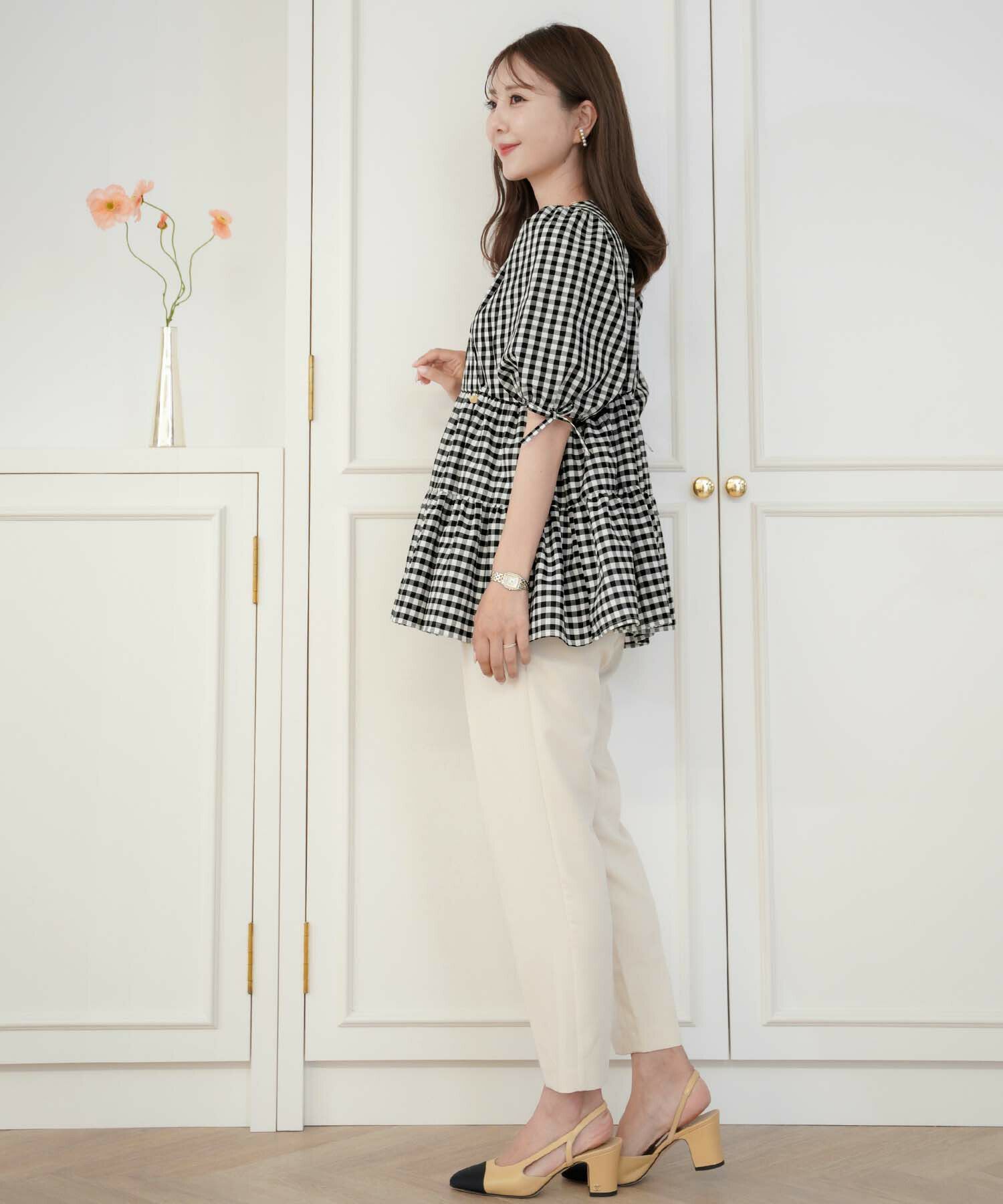 レディース/ウォッシャブル/ブラウス/トップス/布帛/カシュクール/授乳/ママ/半袖/リボン/ギャザー/パフスリーブ/ボリューム/ペプラム/フリル/ティアード/エレガント/カジュアル/フェミニン/オフィスカジュアル/オフィススタイル/春/夏