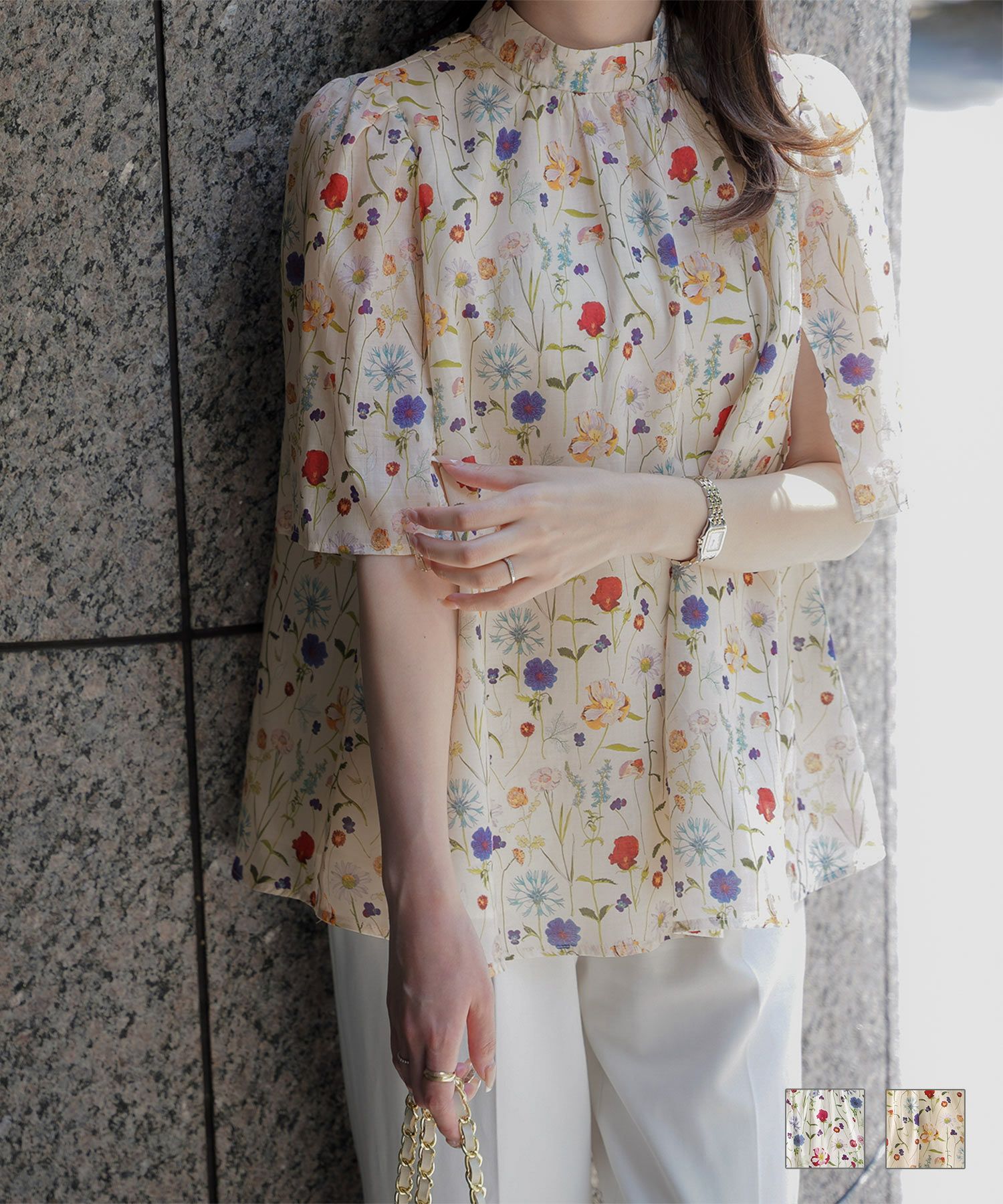 スリットスリーブ ブラウス Made with Liberty Fabric HUIT ホワイト/アイボリー