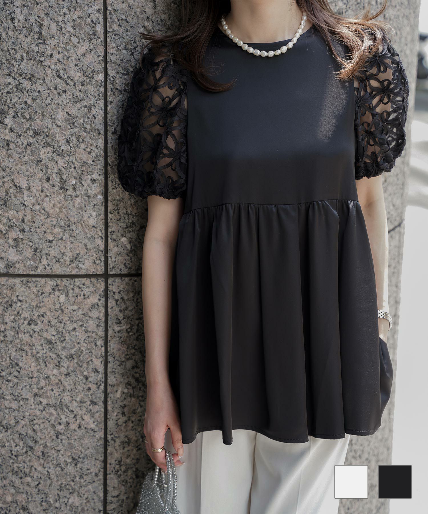 フラワー チュールスリーブ ブラウス HUIT ホワイト/ブラック