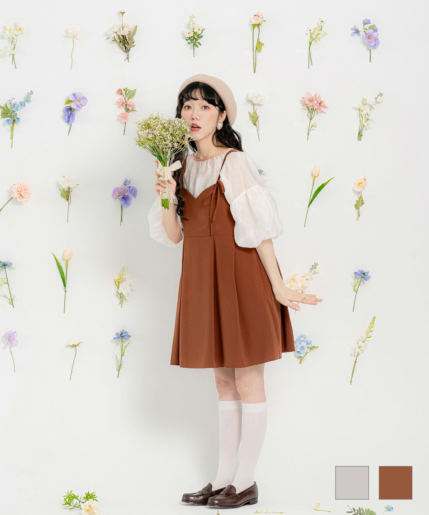 アシメ リボン ワンピース miolite グレー/ブラウン