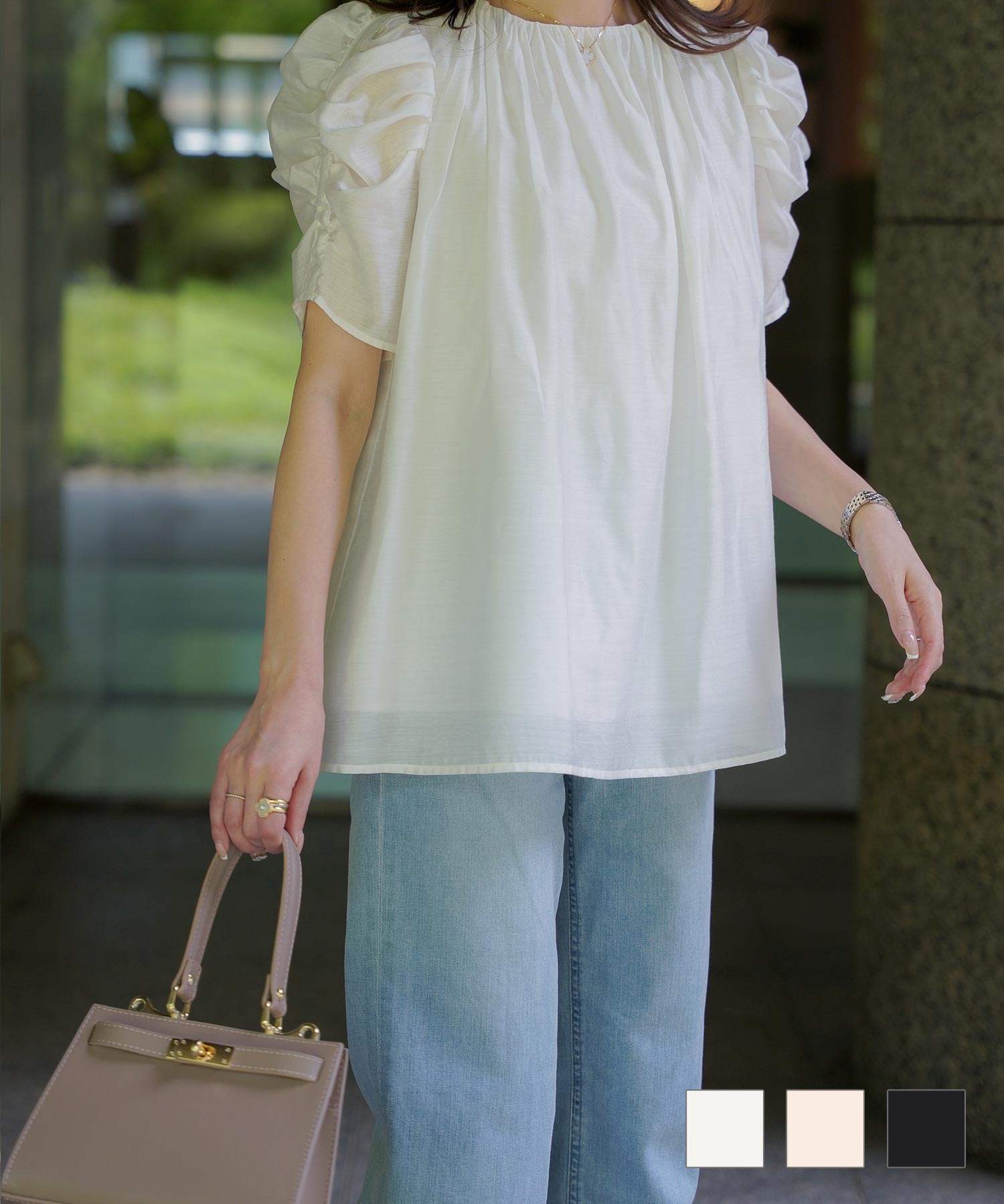 ボリュームスリーブ ギャザーネック ブラウス HUIT ホワイト/ピンクベージュ/ブラック