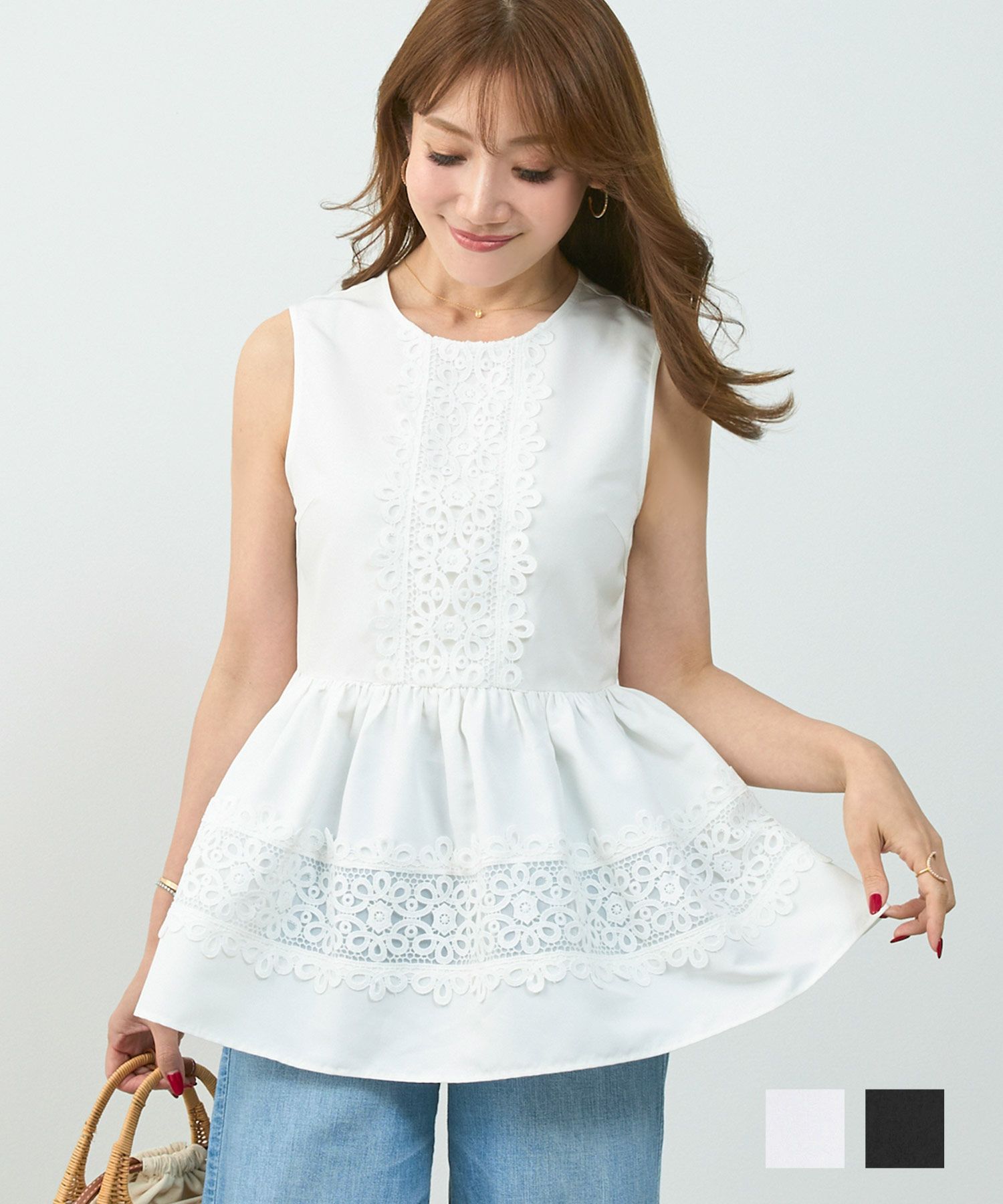 レース はめ込み ノースリーブ ペプラム ブラウス Liala×PG