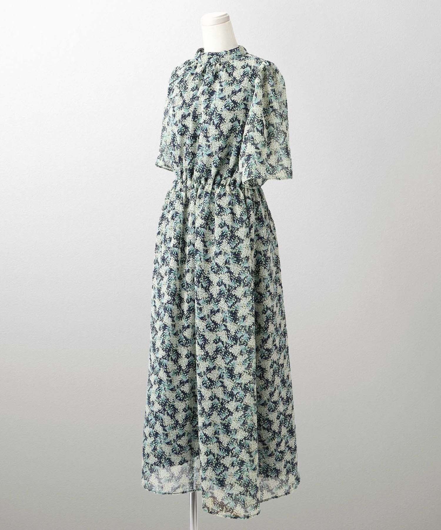 ウエストゴム ロング フレアスリーブ 透け感 シアー/ライトグリーン/ネイビー/S/M