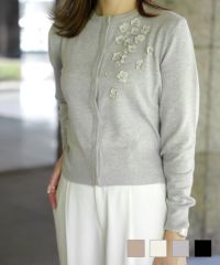 フラワーモチーフニットカーディガンHUITピンクゴールド/ホワイト/ライトグレー/ブラック