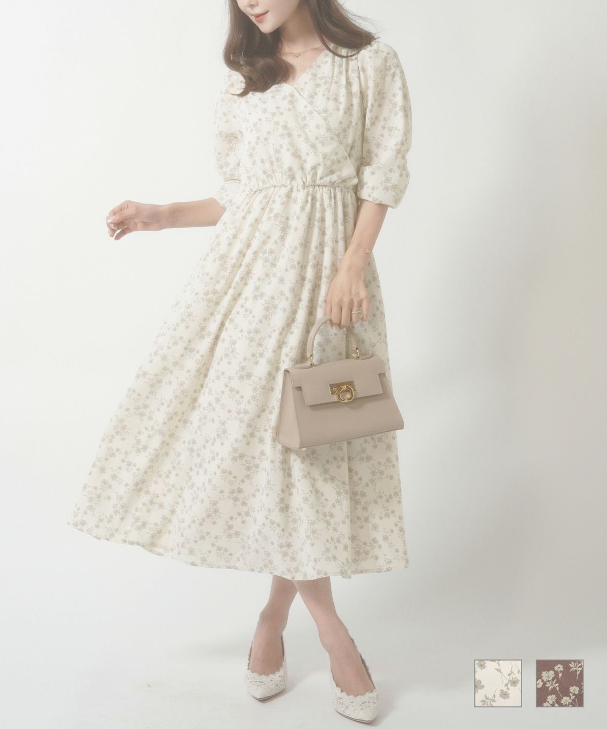 カシュクールウエストリボン小花柄ワンピースlerevevanillerアイボリー/モーヴ
