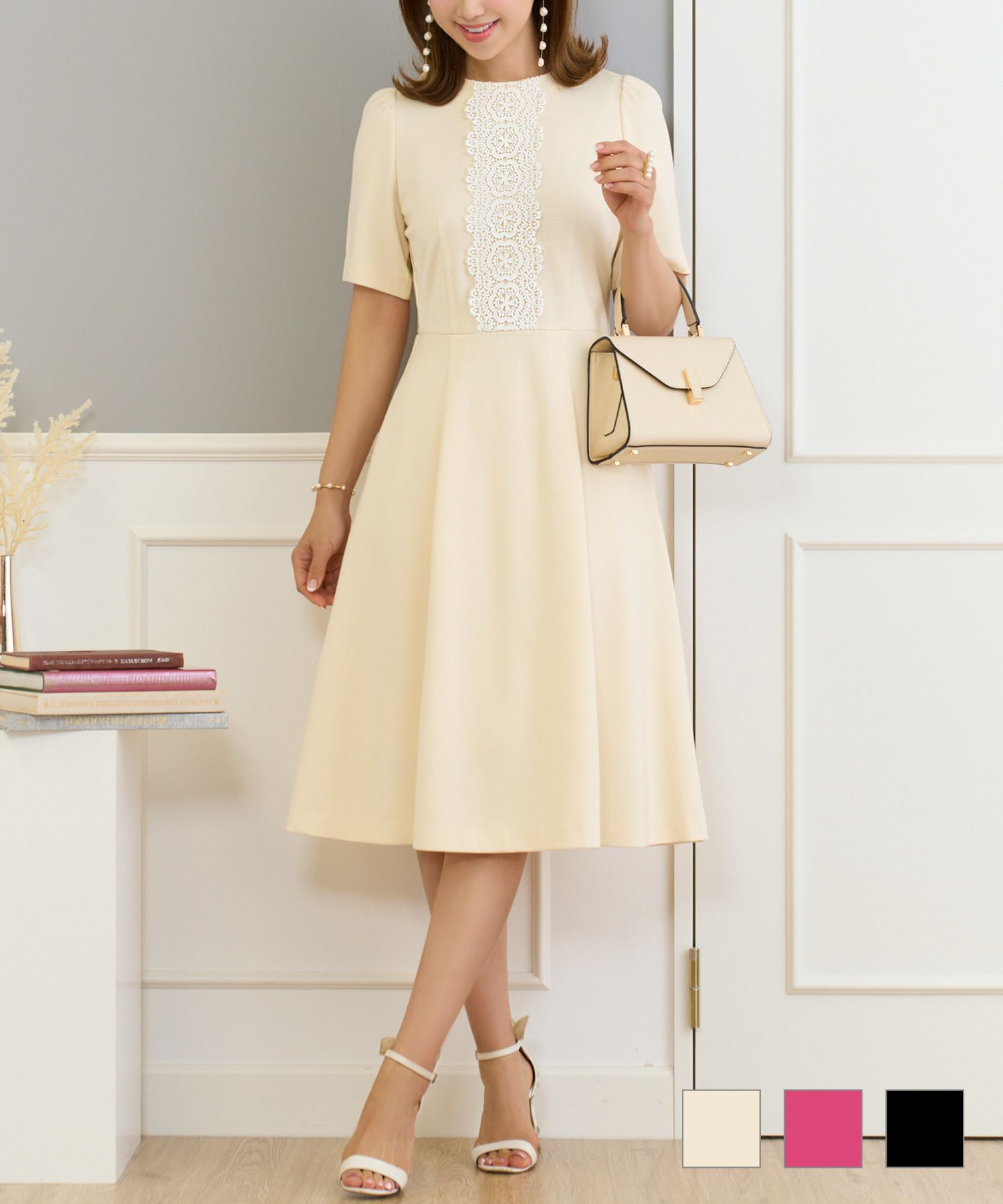 フロントレースフィット＆フレアリラックスワンピース半袖PrimaScherrer全3色｜psc331-0856【1】