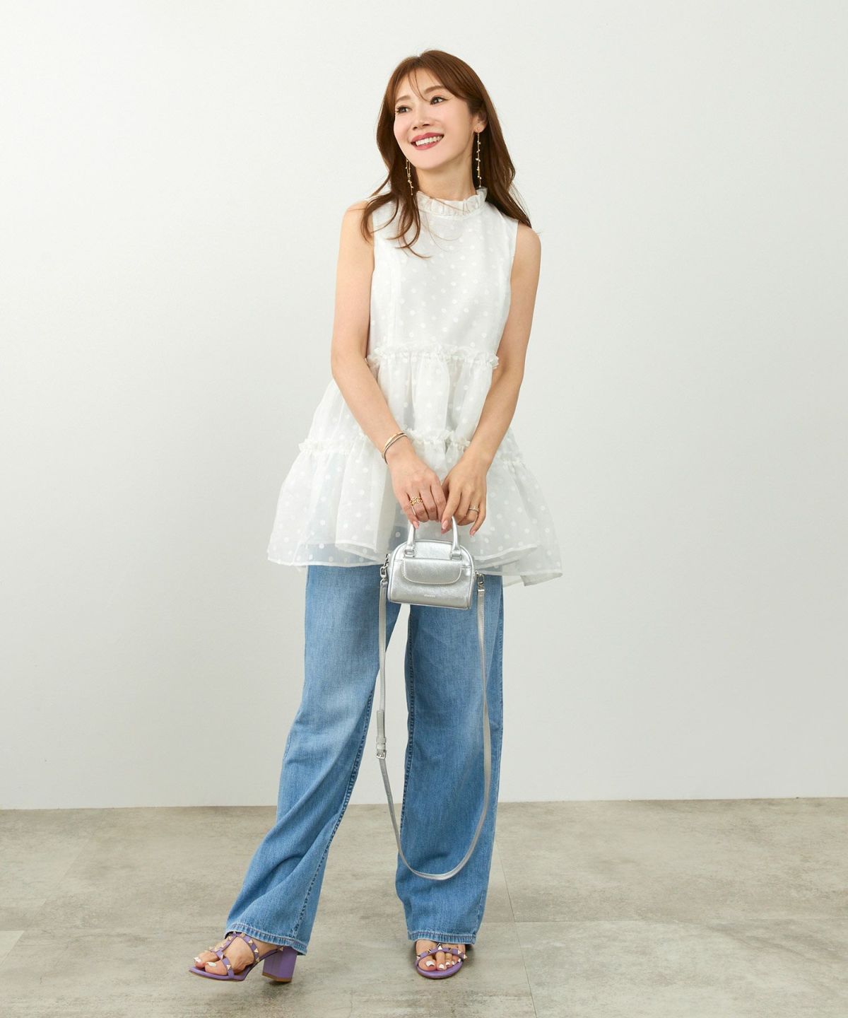 手洗い可トップスレディースブラウスシアー素材ドットおしゃれかわいい大人長い丈白黒ジョイントスペース