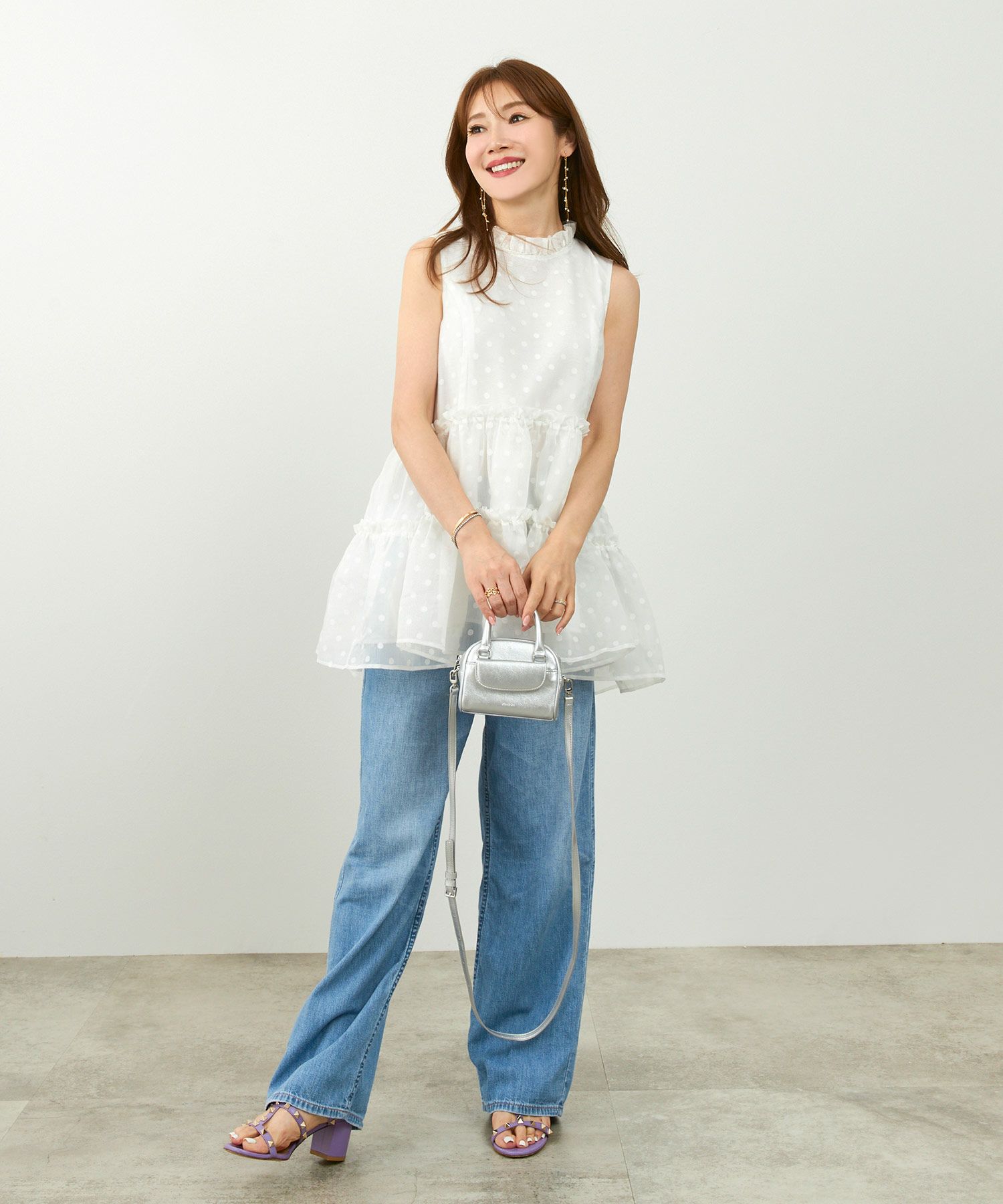 手洗い可トップスレディースブラウスシアー素材ドットおしゃれかわいい大人長い丈白黒ジョイントスペース