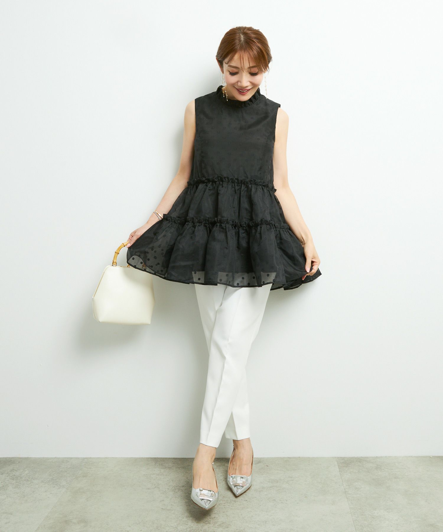 手洗い可トップスレディースブラウスシアー素材ドットおしゃれかわいい大人長い丈白黒ジョイントスペース