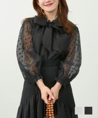 シアードットフリル&リボンタイネックブラウス5分袖