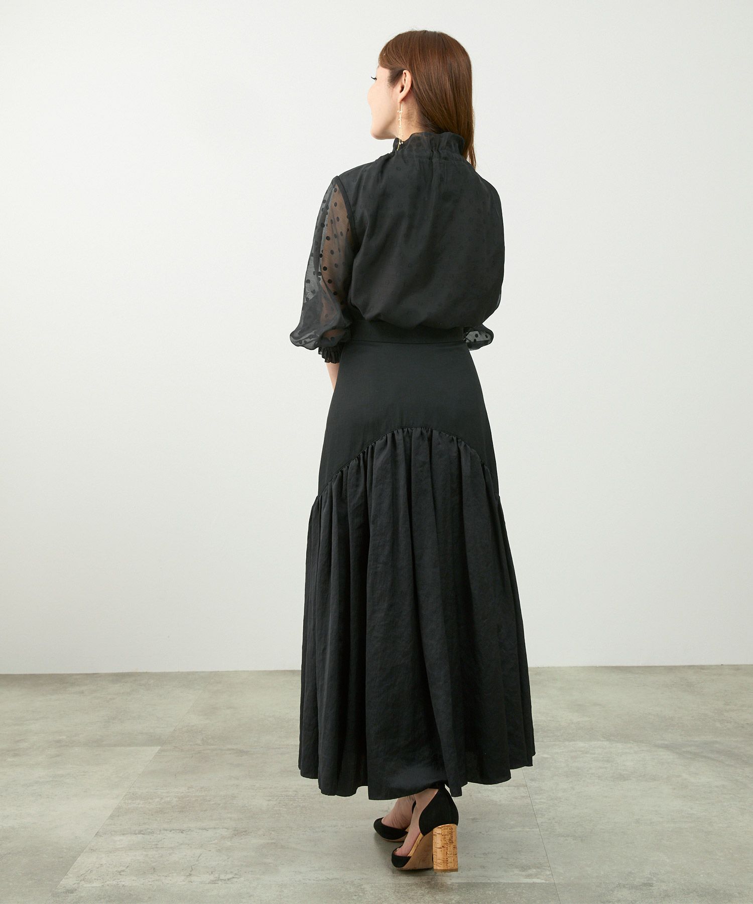 手洗い可トップスレディースブラウスシアー素材ドットおしゃれかわいい大人長い丈白黒ジョイントスペース