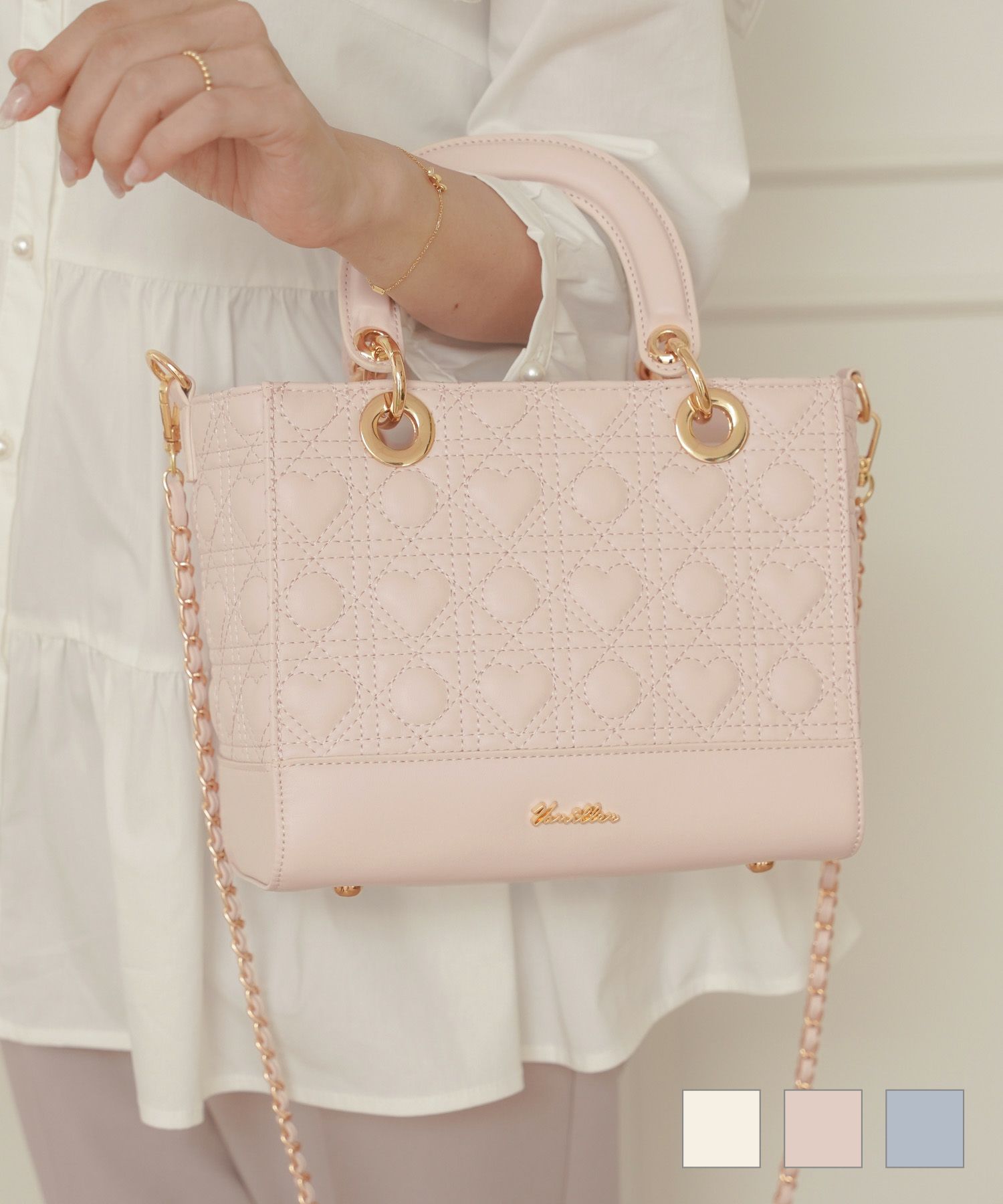 オリジナルハートキルティングハンドバッグlerevevanillerスノーホワイトストロベリーミルク/スモークブルー