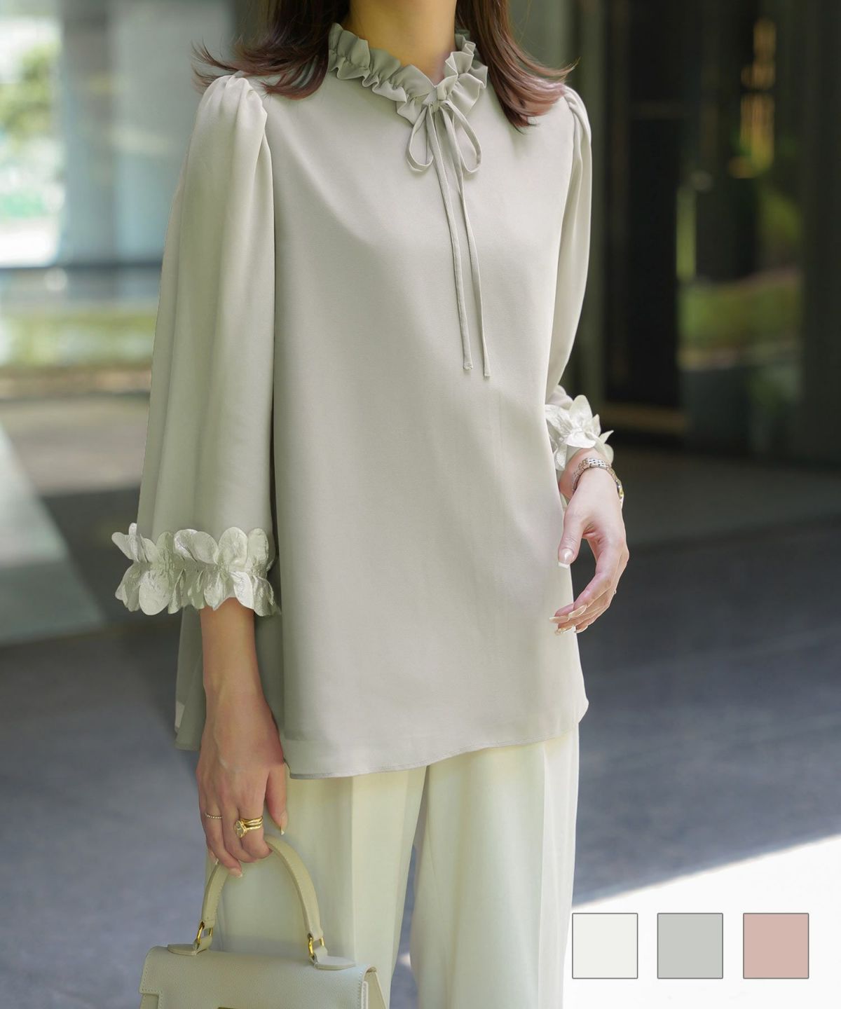 ホイップスリーブ リボン ブラウス HUIT ホワイト/グレー/ピンクベージュ