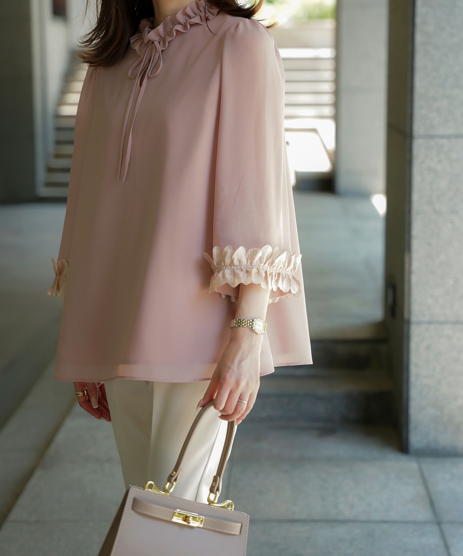 2way シフォン フリル フラワー エレガント シアー トレンド/ホワイト/グレー/ピンクベージュ/M