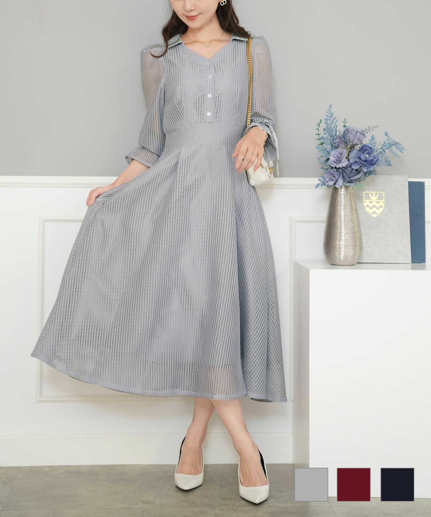 7分袖リボンフレアレースワンピースlerevevanillerライトグレー/ボルドー/ネイビー