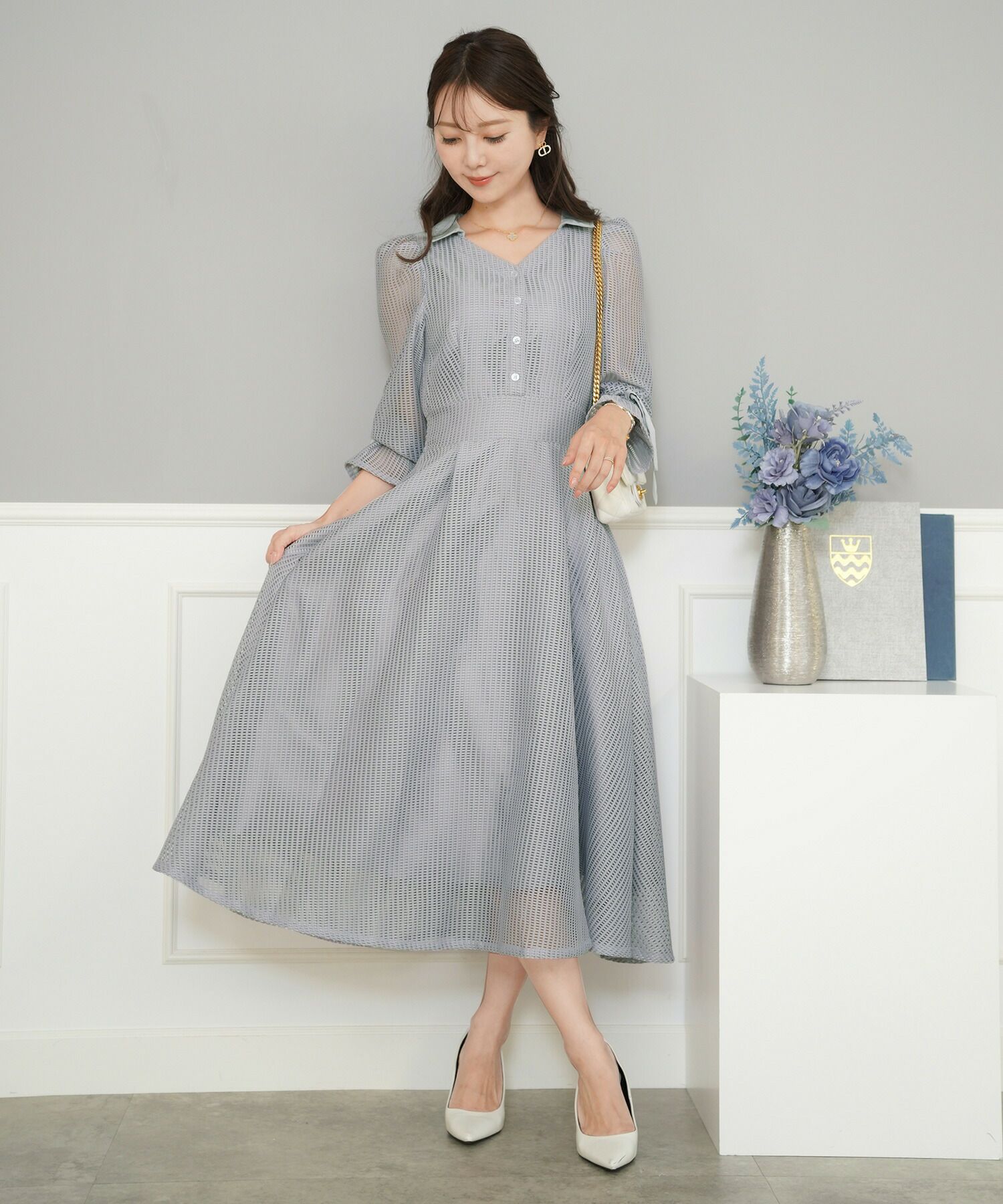 7分袖 リボンフレア レース ワンピース le reve vaniller 全3色  