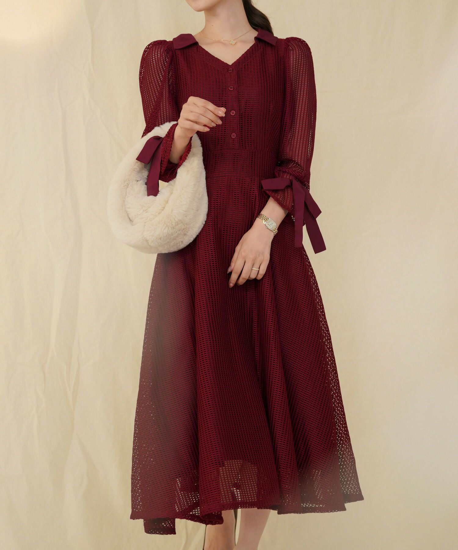 7分袖 リボンフレア レース ワンピース le reve vaniller 全3色  