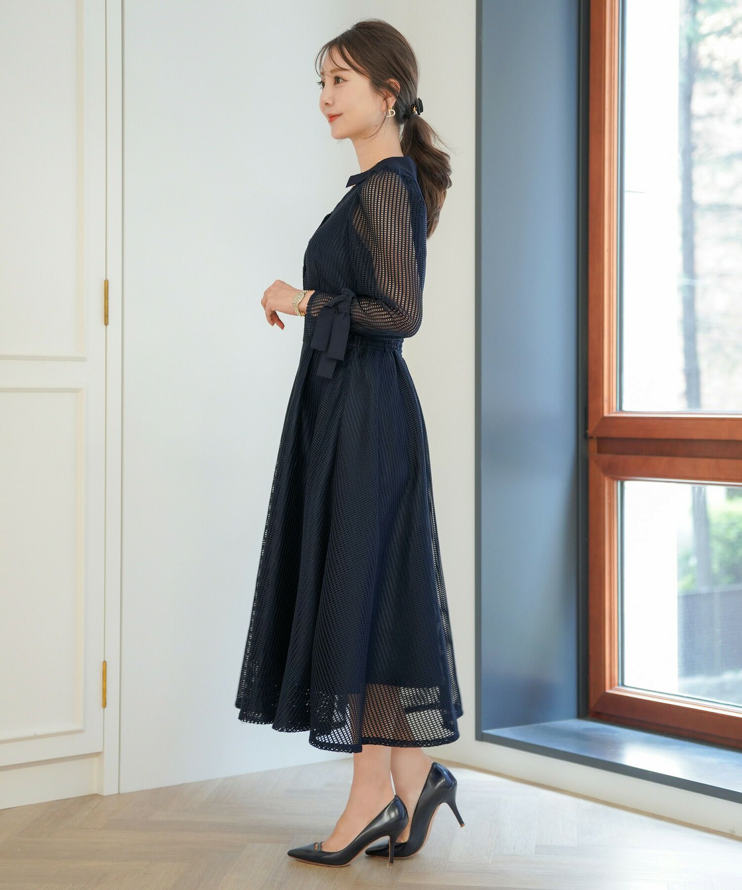 FINAL-SALE 7分袖 リボンフレア レース ワンピース le reve vaniller 
