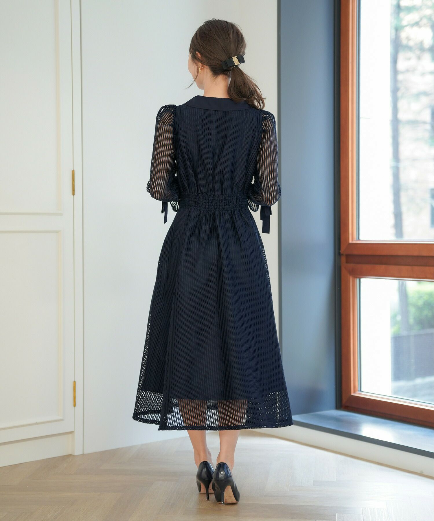 7分袖 リボンフレア レース ワンピース le reve vaniller 全3色  