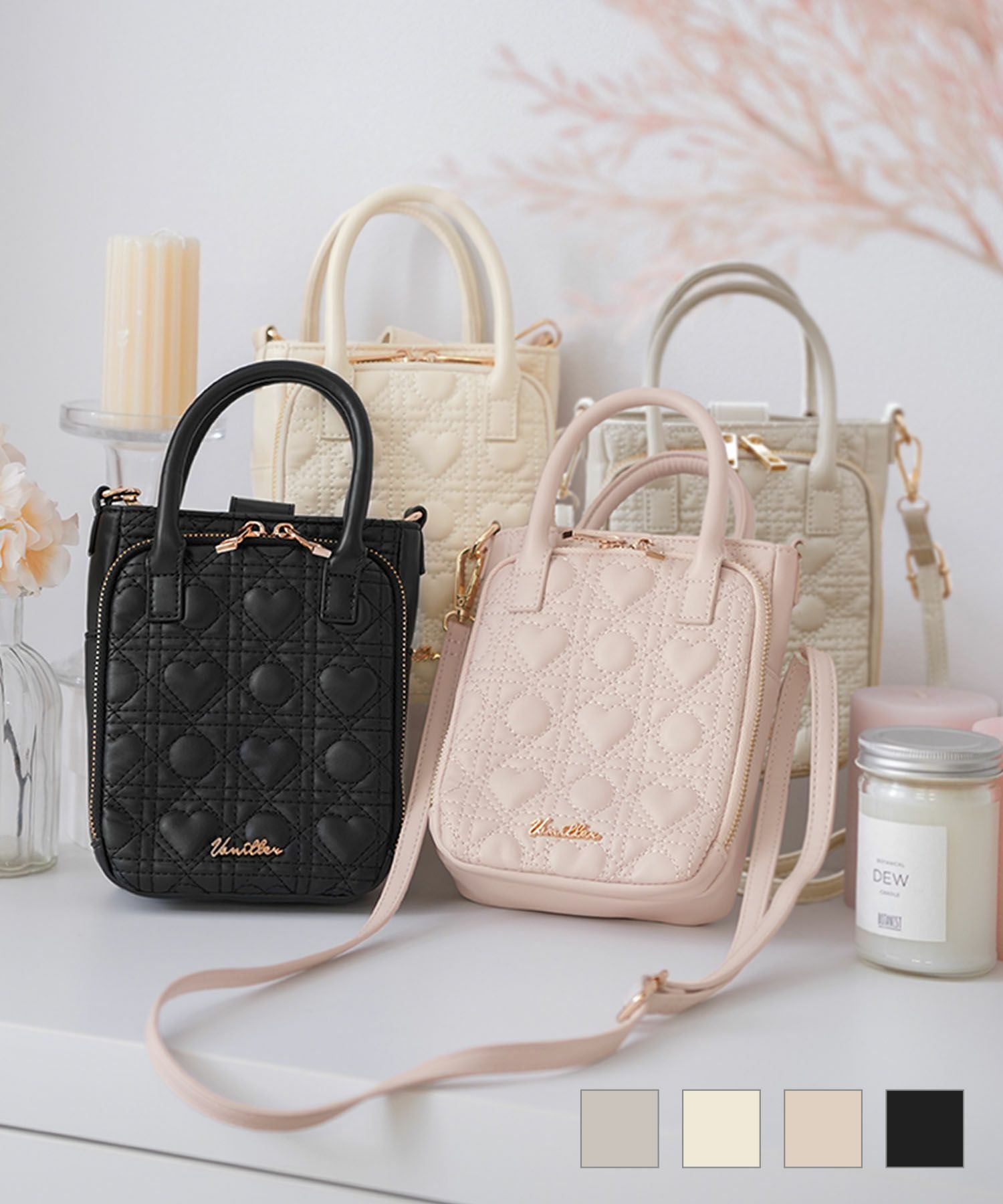 オリジナルハートキルティングミニショルダーバッググレージュ/ミルクホワイト/ストロベリーミルク/ブラック
