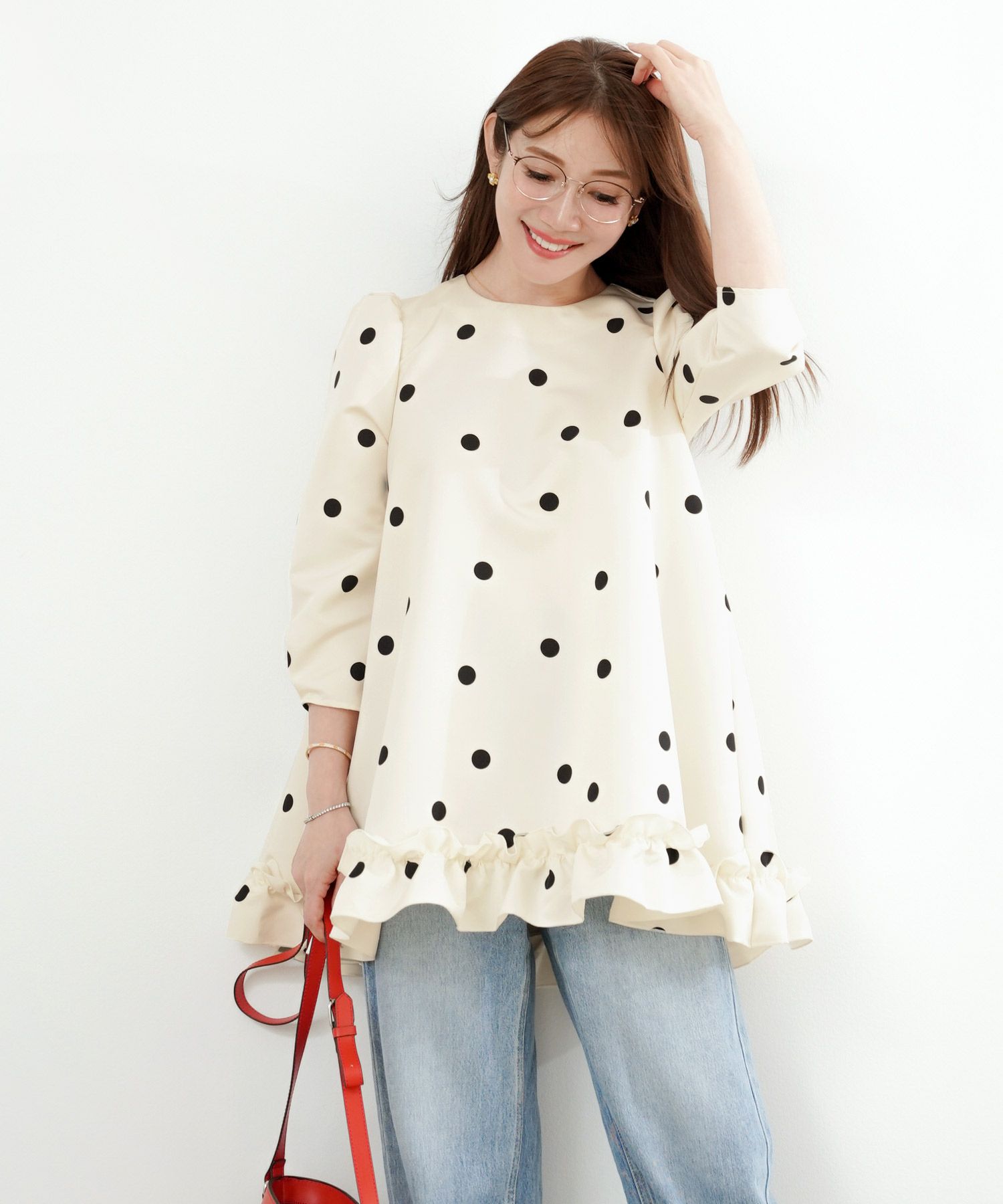 手洗い可 日本製 ブラウス レディース トップス 水玉 パフスリーブ 白黒 ロング きれいめ オフィス かわいい ジョイントスペース