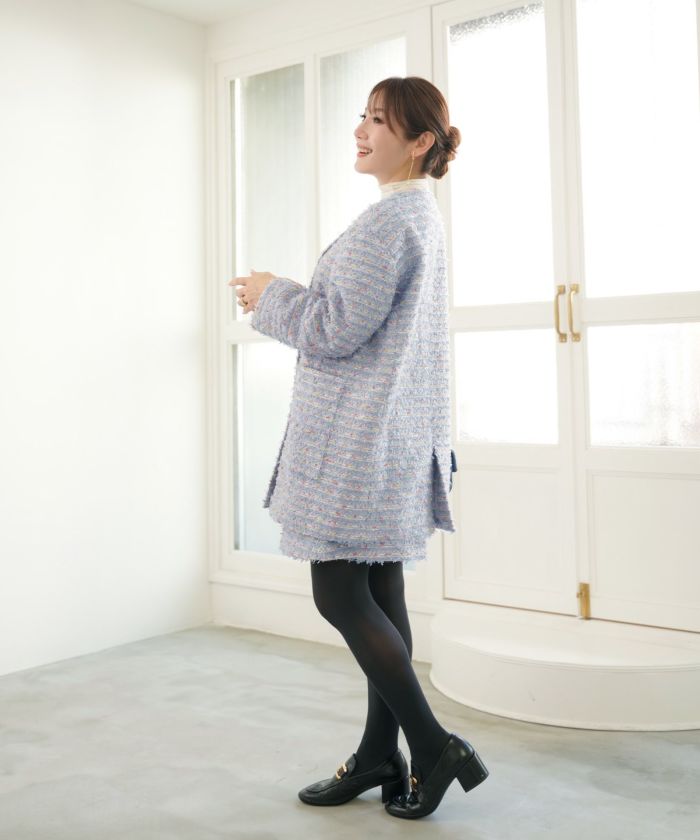 即納クーポン対象 ノーカラー カラフルツイード ダブルボタン コート