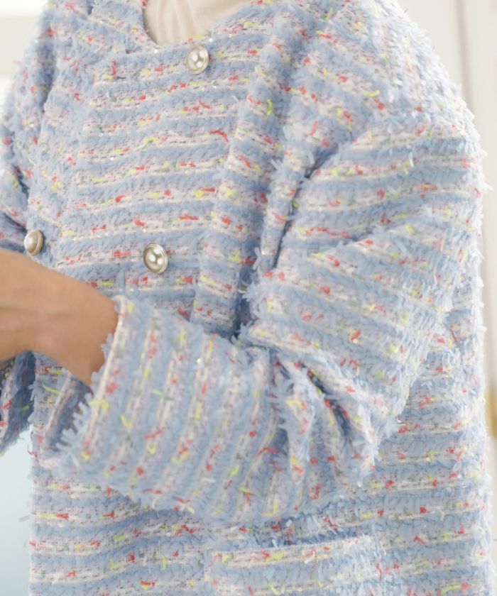 ノーカラー カラフルツイード ダブルボタン コート Liala×PG 全3色