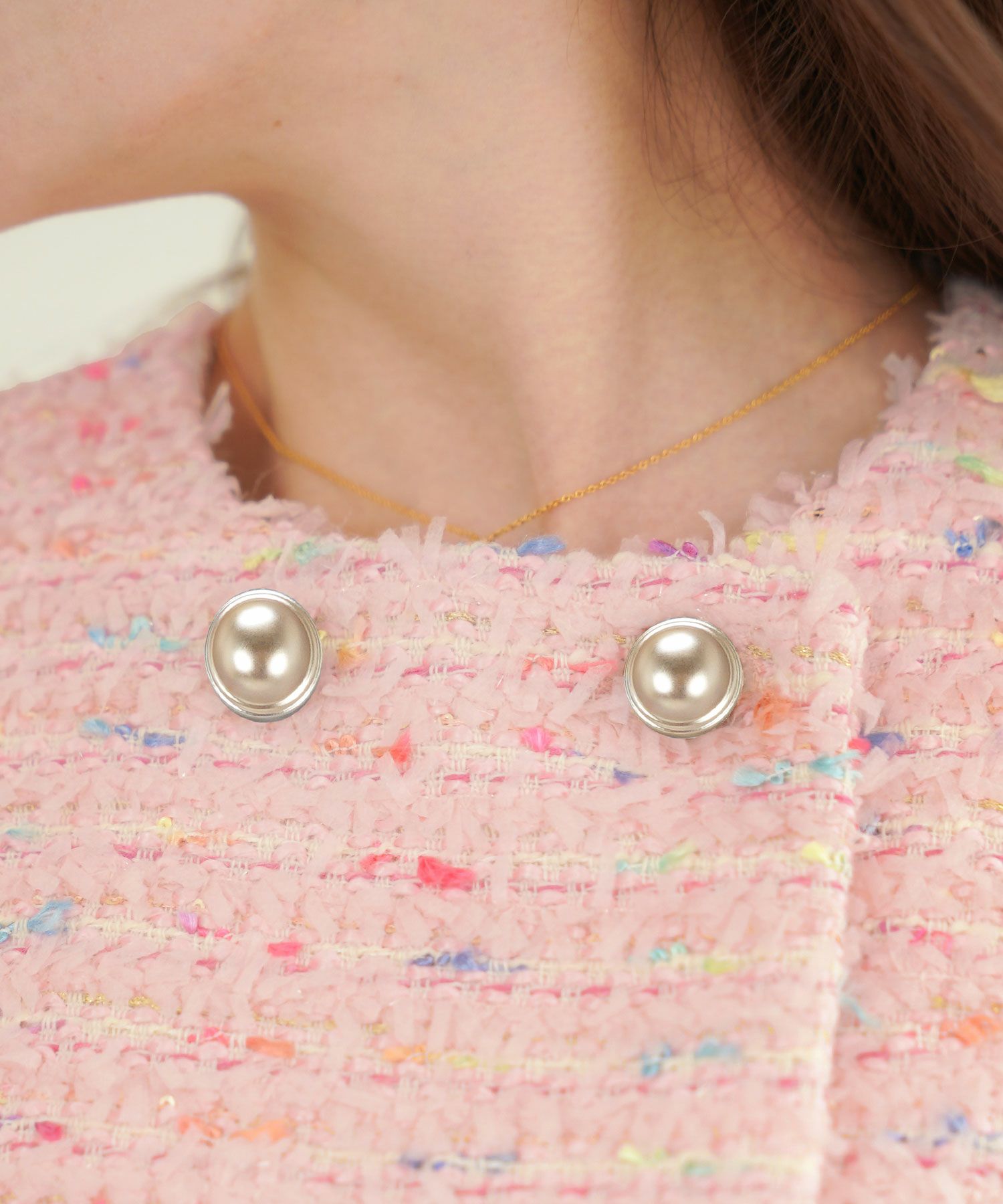 ノーカラー カラフルツイード ダブルボタン コート Liala×PG 水色 Winter-SALE ノーカラー カラフルツイード ダブルボタン コート Liala