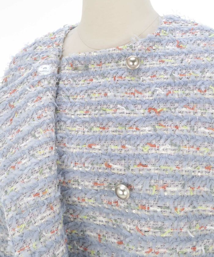 ノーカラー カラフルツイード ダブルボタン コート Liala×PG 水色 NewYear-SALE ノーカラー カラフルツイード ダブルボタン コート Liala