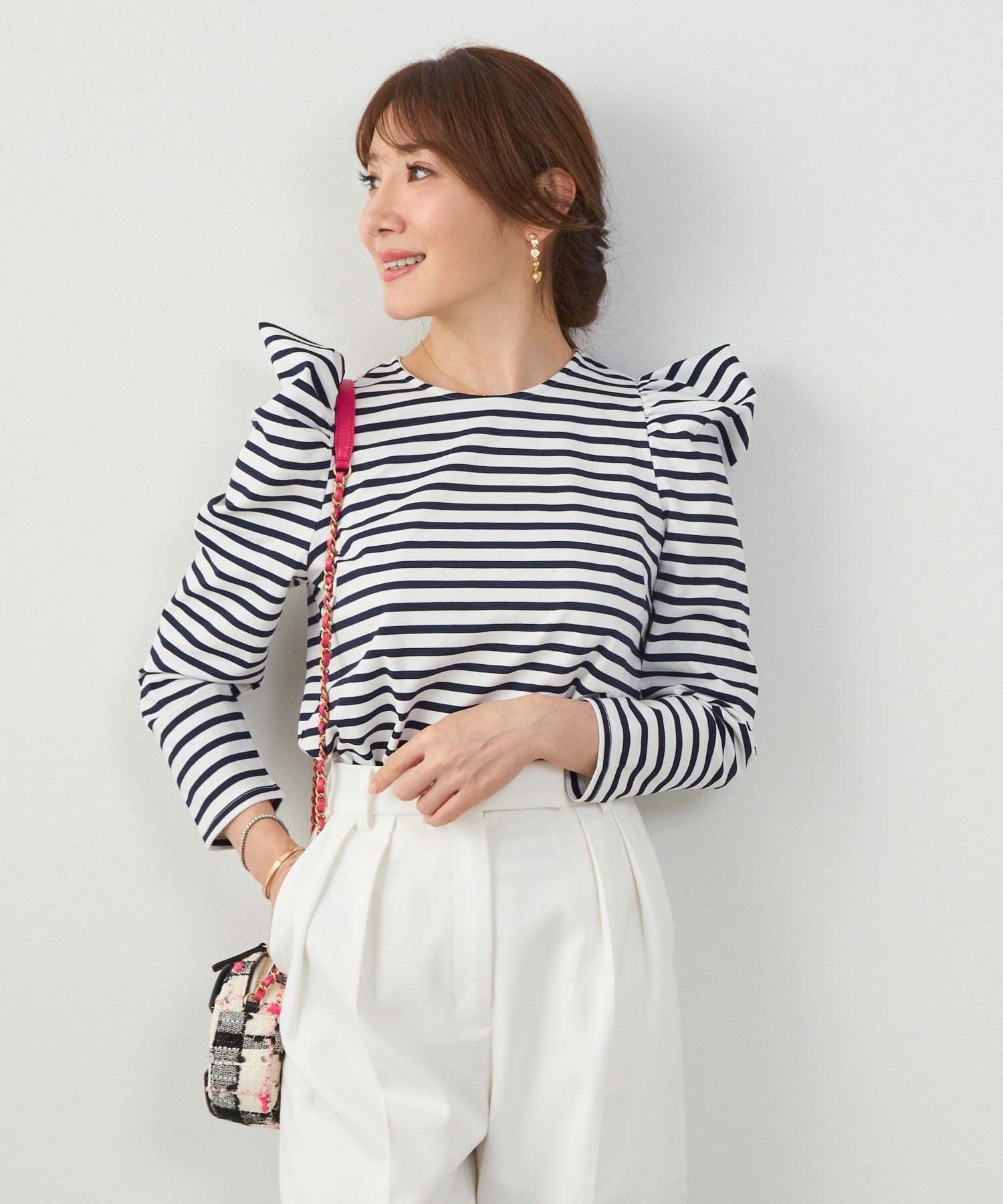 手洗い可トップスレディースオフィスかわいい大人きれいめ白黒ボーダーおすすめ人気ジョイントスペース