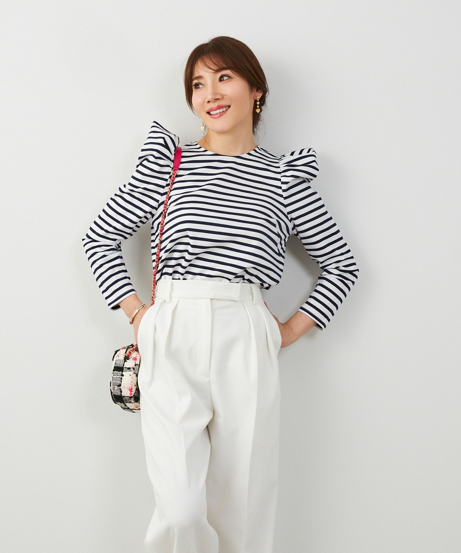 手洗い可トップスレディースオフィスかわいい大人きれいめ白黒ボーダーおすすめ人気ジョイントスペース